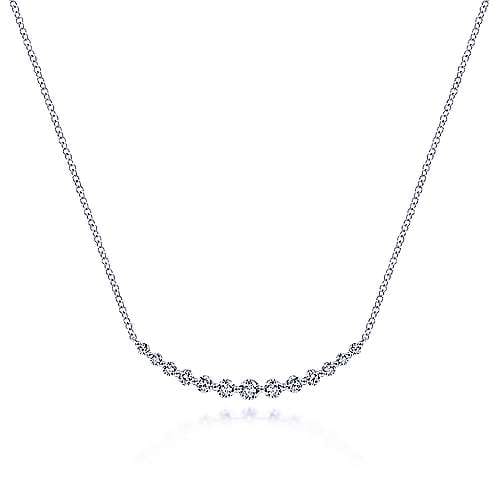 14 Karat White Gold Graduated Round Diamond Curved Bar Necklace