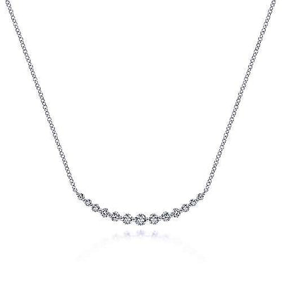 14 Karat White Gold Graduated Round Diamond Curved Bar Necklace