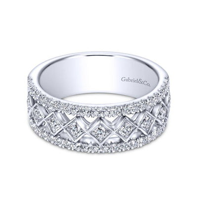 Wide 14K White Gold Geometric Diamond Anniversary Band