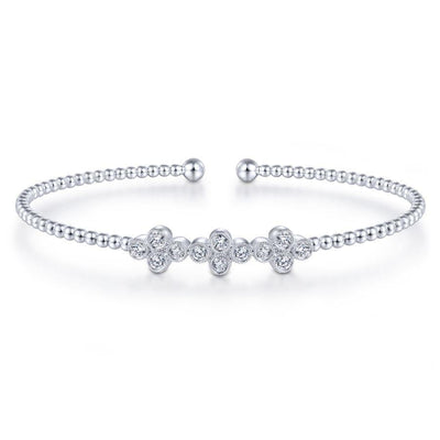 14K White Gold Bujukan Bead Cuff Bracelet with Three Quatrefoil Diamond Stations