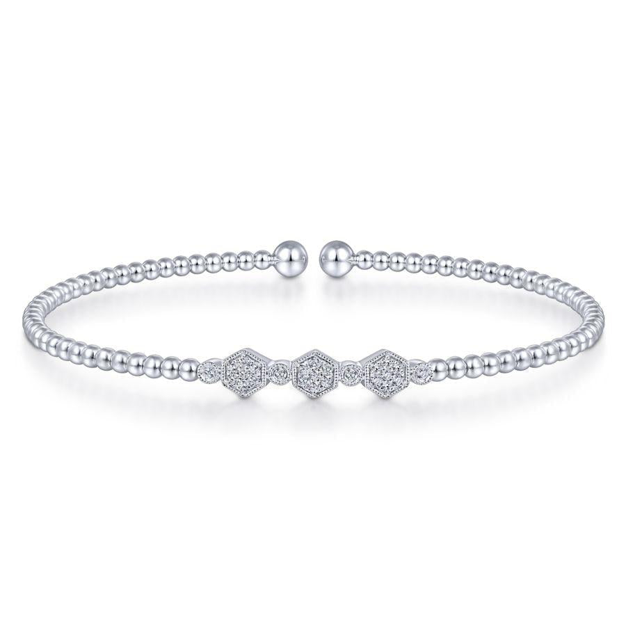 14K White Gold Bujukan Bead Cuff Bracelet with Cluster Diamond Hexagon Stations