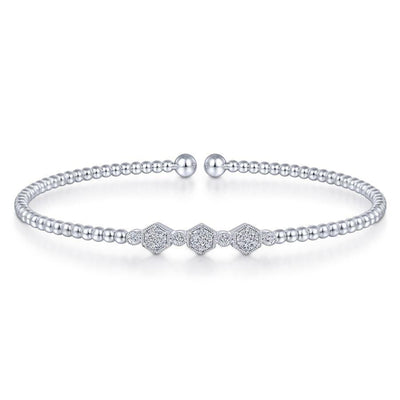 14K White Gold Bujukan Bead Cuff Bracelet with Cluster Diamond Hexagon Stations