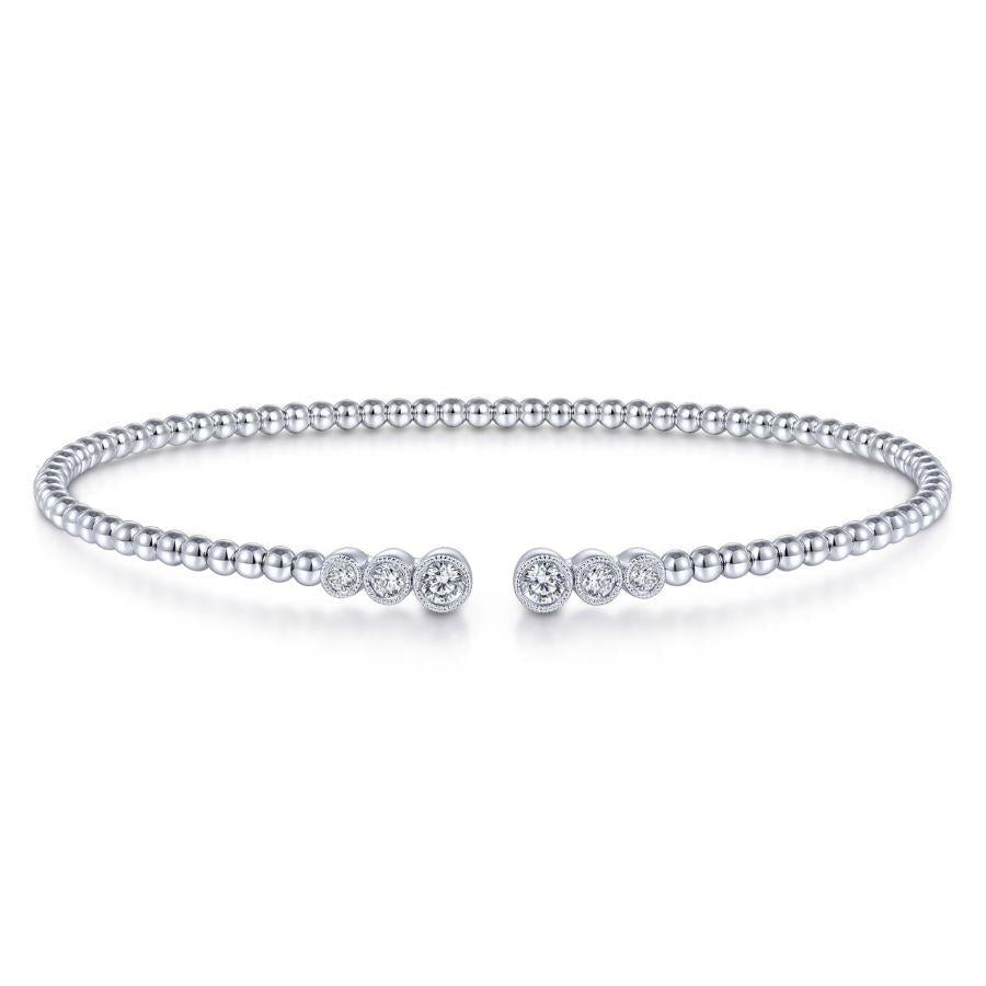 14K White Gold Bujukan Bead Split Cuff Bracelet with Bezel Set Diamonds