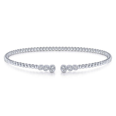 14K White Gold Bujukan Bead Split Cuff Bracelet with Bezel Set Diamonds