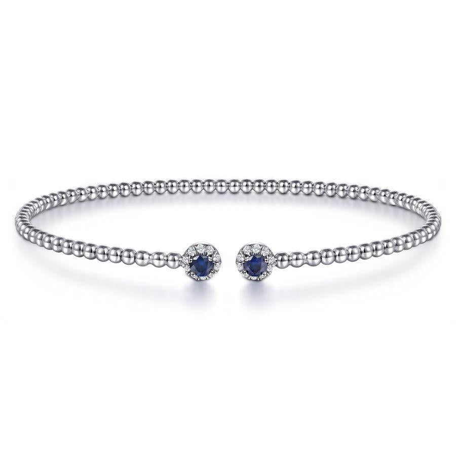 14K White Gold Bujukan Bead Split Cuff Bracelet with Sapphire and Diamond