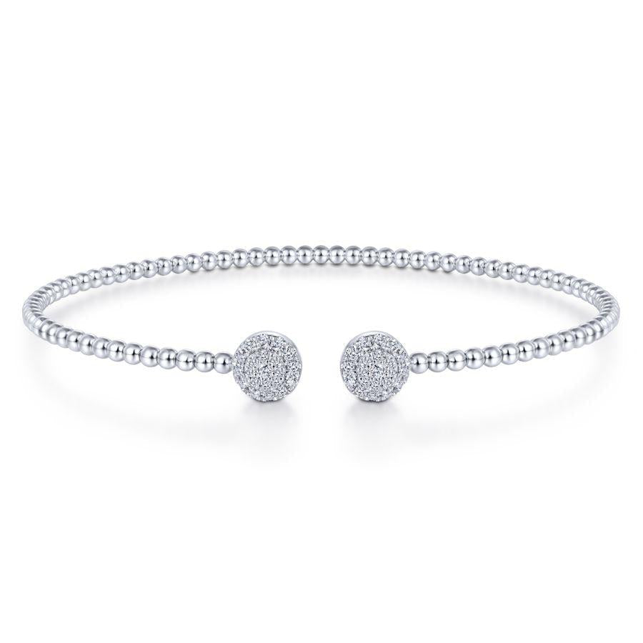 14K White Gold Bujukan Bead Split Cuff Bracelet with Round Pav�� Diamond Discs