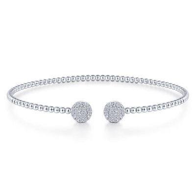 14K White Gold Bujukan Bead Split Cuff Bracelet with Round Pav�� Diamond Discs