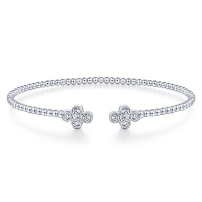 14K White Gold Bujukan Bead Split Cuff Bracelet with Quatrefoil Diamond Endcaps