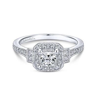 Vintage Inspired 14K White Gold Princess Halo Diamond Engagement Ring