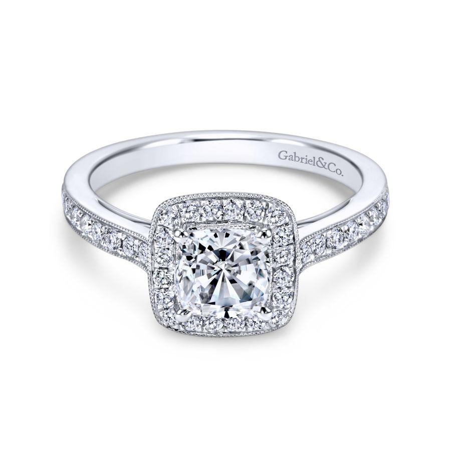 Vintage Inspired 14K White Gold Cushion Halo Diamond Engagement Ring