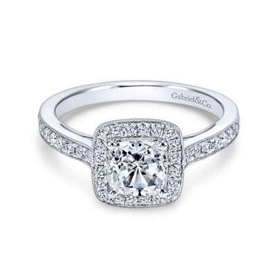 Vintage Inspired 14K White Gold Cushion Halo Diamond Engagement Ring