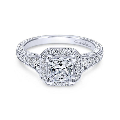 Vintage Inspired 14K White Gold Princess Halo Diamond Engagement Ring