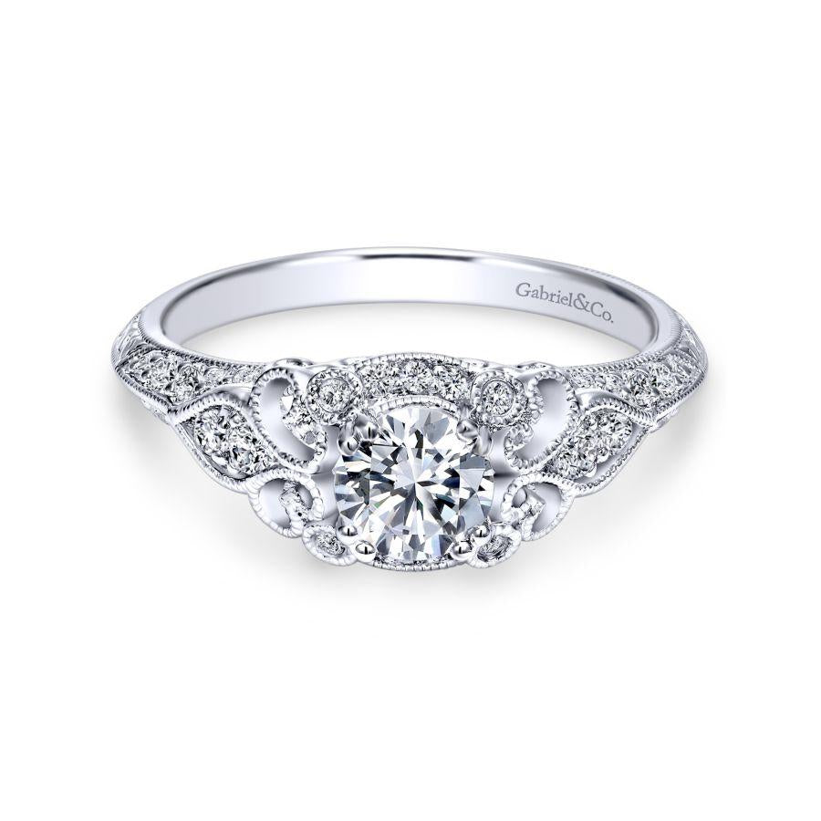 Unique 14K White Gold Vintage Inspired Diamond Halo Engagement Ring