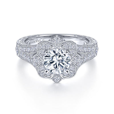 Vintage Inspired 14K White Gold Round Halo Diamond Engagement Ring