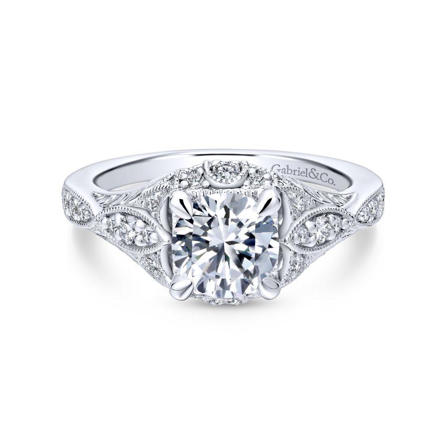 Unique 14K White Gold Vintage Inspired Diamond Halo Engagement Ring