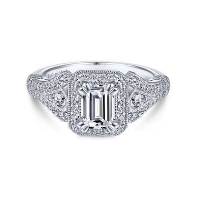 Vintage Inspired 14K White Gold Halo Emerald Cut Diamond Engagement Ring