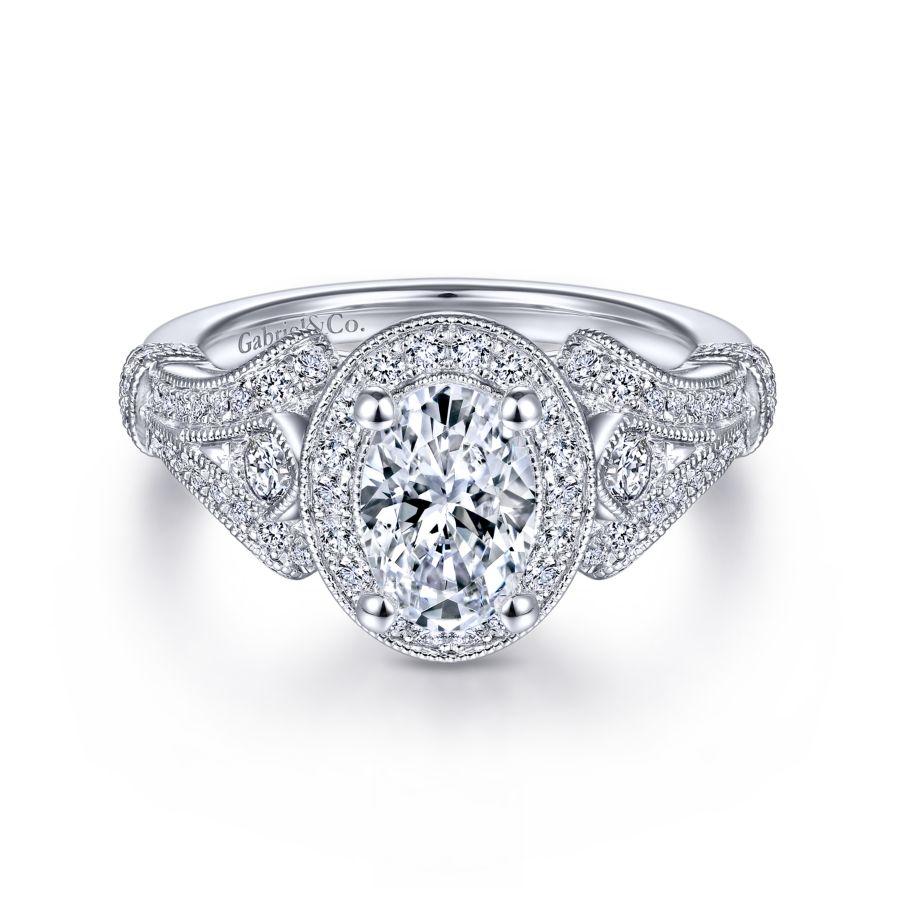 Vintage Inspired 14K White Gold Oval Halo Diamond Engagement Ring