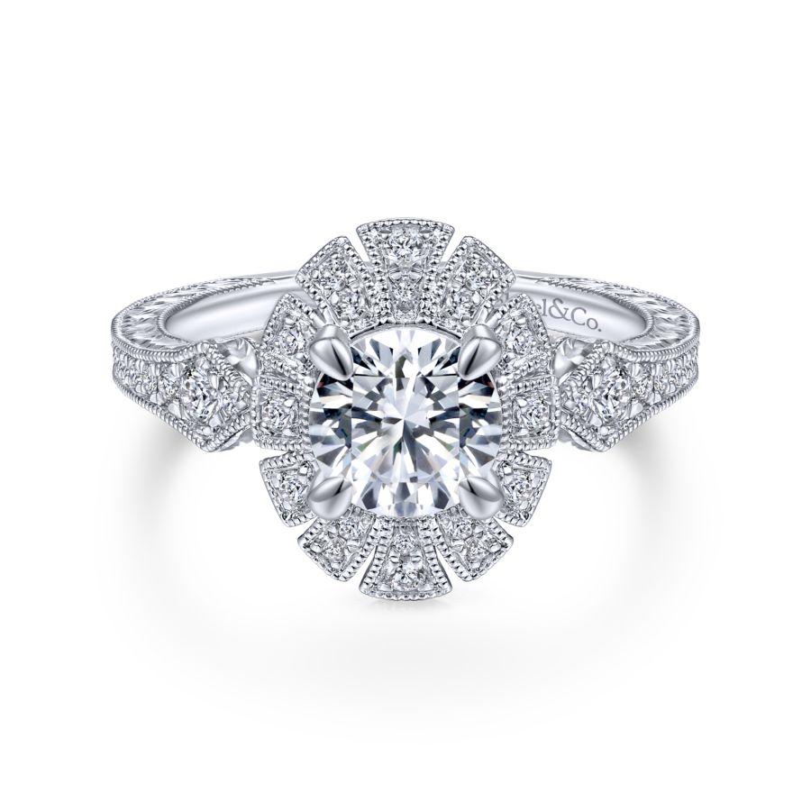 Unique 14K White Gold Art Deco Halo Diamond Engagement Ring