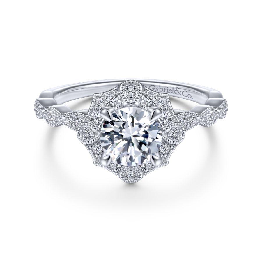 Unique 14K White Gold Art Deco Halo Diamond Engagement Ring