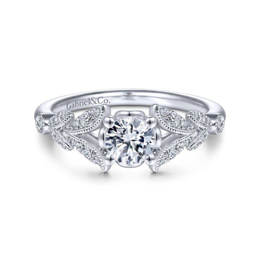 Vintage Inspired 14K White Gold Split Shank Round Diamond Engagement Ring