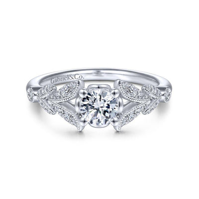 Vintage Inspired 14K White Gold Split Shank Round Diamond Engagement Ring