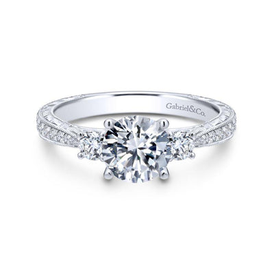 Vintage Inspired 14K White Gold Round Three Stone Diamond Engagement Ring