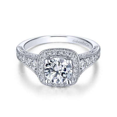 Vintage Inspired 14K White Gold Cushion Halo Round Diamond Engagement Ring