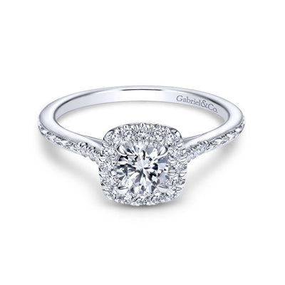 Vintage Inspired 14K White Gold Cushion Halo Round Diamond Engagement Ring