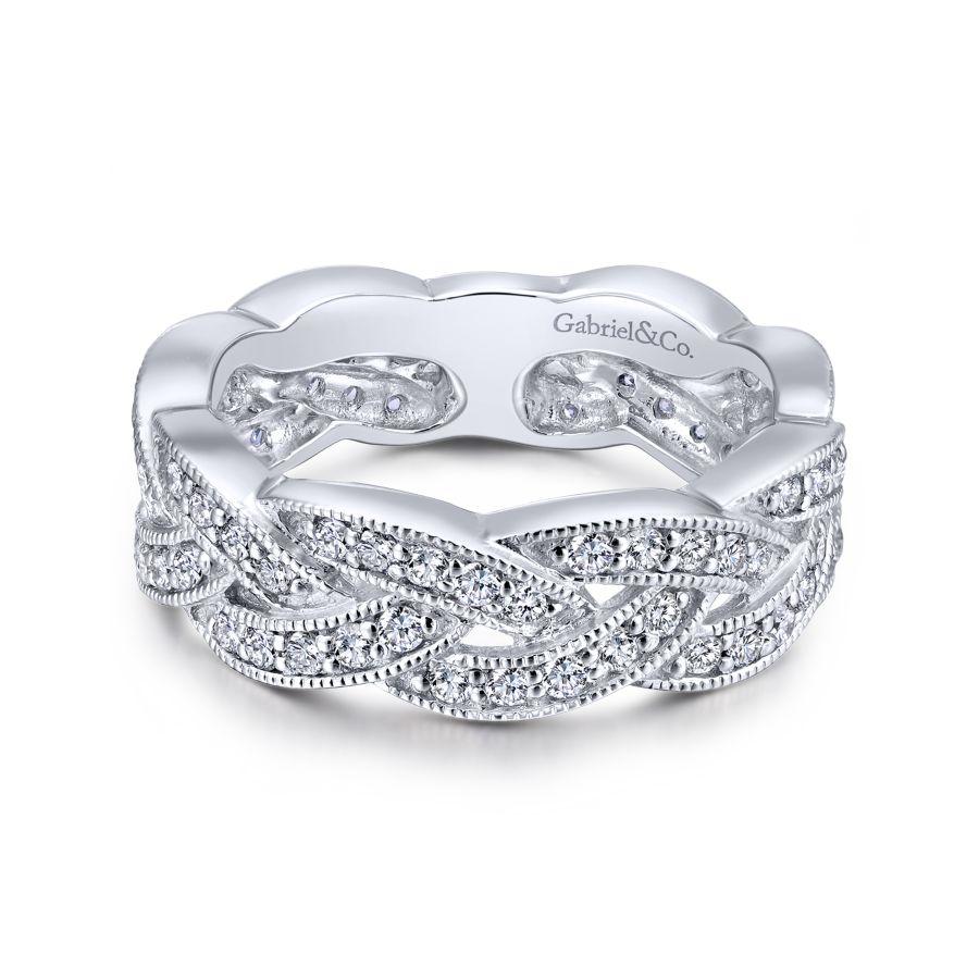 14K White Gold Braided Diamond Stackable Ring