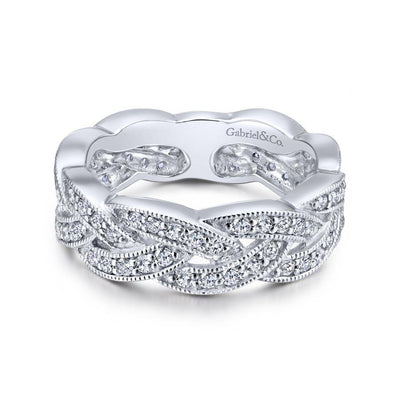 14K White Gold Braided Diamond Stackable Ring