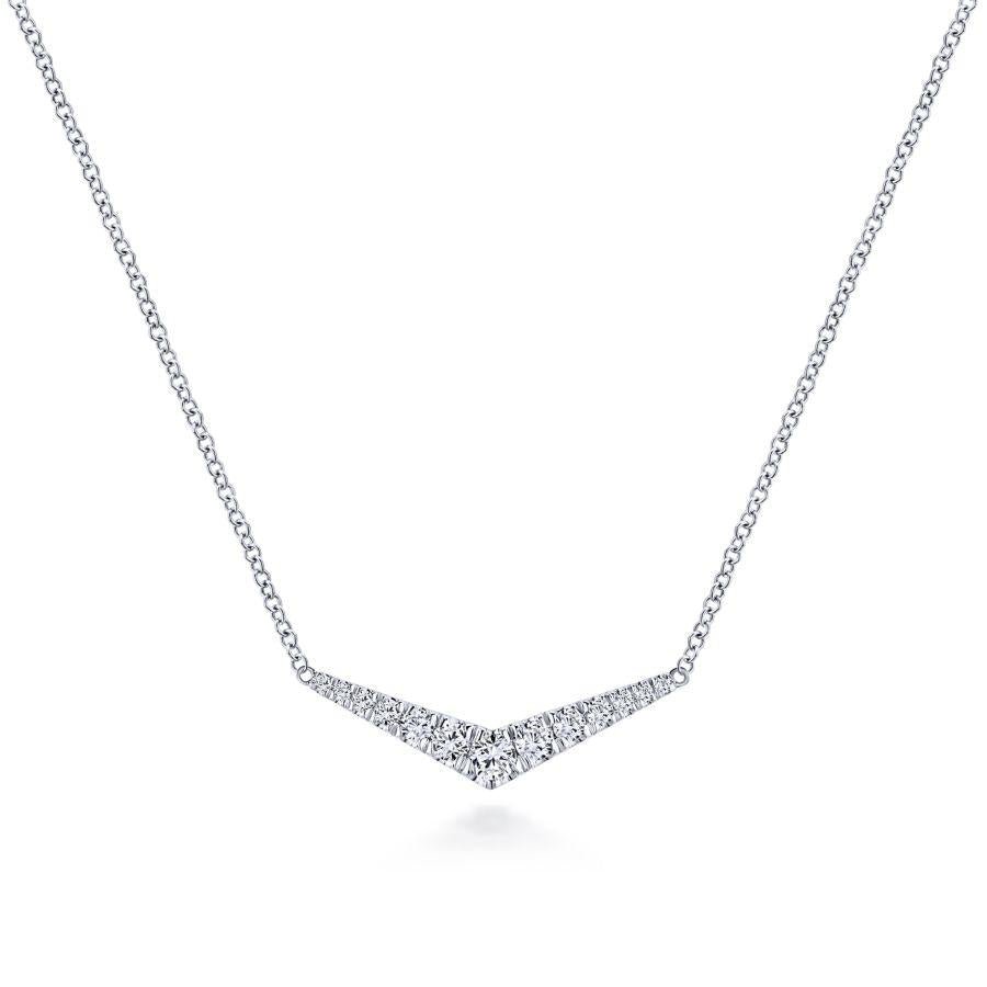 14K White Gold Curved Diamond Bar Necklace