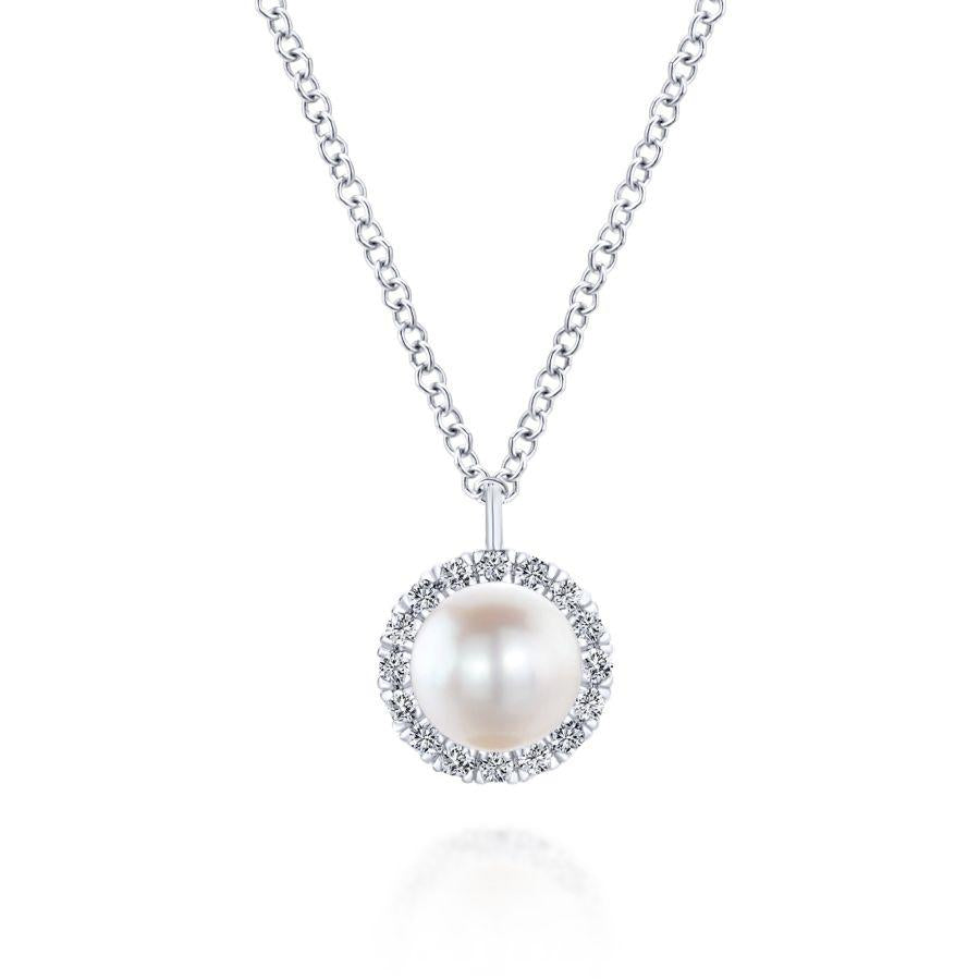 14K White Gold Cultured Pearl and Diamond Halo Pendant Necklace