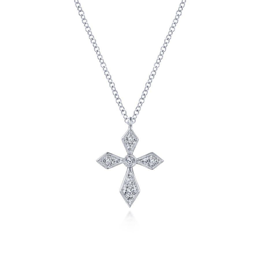 Vintage Inspired 14K White Gold Pointed Diamond Cross Pendant Necklace