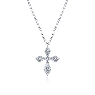 Vintage Inspired 14K White Gold Pointed Diamond Cross Pendant Necklace