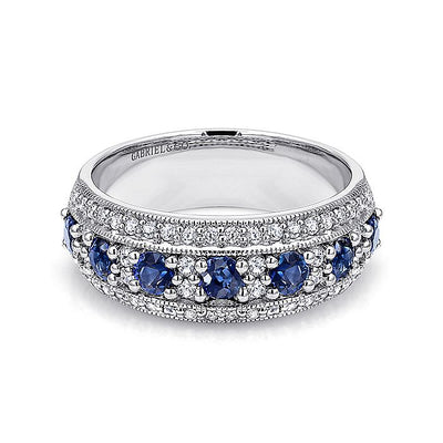 Gabriel & Co. LR4503W44SA 14k White Gold Vintage Inspired Alternating Sapphire and Diamond Band