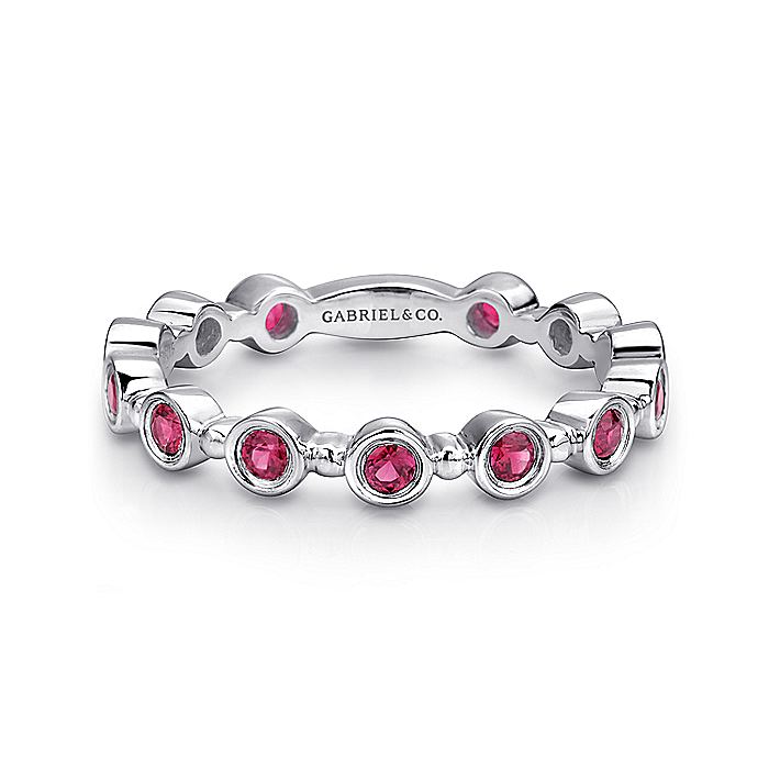 Gabriel & Co. LR4584W4JRA 14K White Gold Round Bezel Station Ruby Stackable Ring