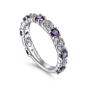 Gabriel & Co. LR4928W45AM 14K White Gold Alternating Amethyst and Diamond Station Ring