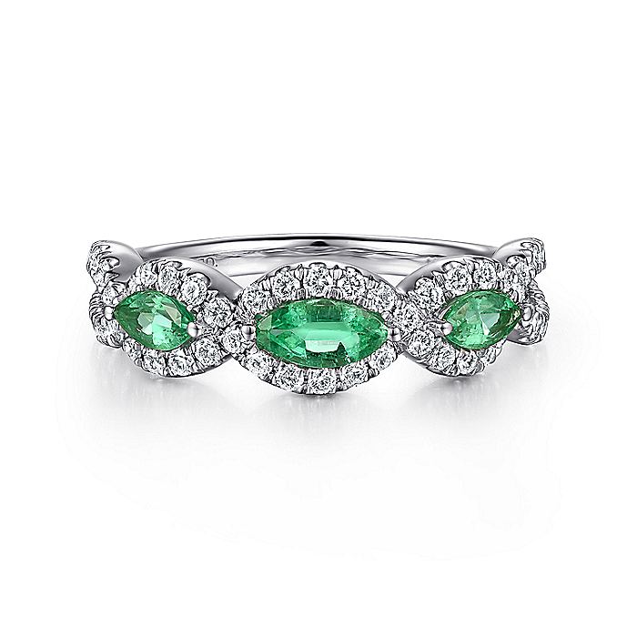 Gabriel & Co. LR50257W45EA 14K White Gold Twisted Diamond Rows and Emerald Marquise Stones Ring