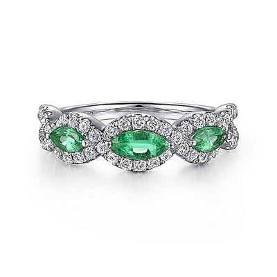 Gabriel & Co. LR50257W45EA 14K White Gold Twisted Diamond Rows and Emerald Marquise Stones Ring