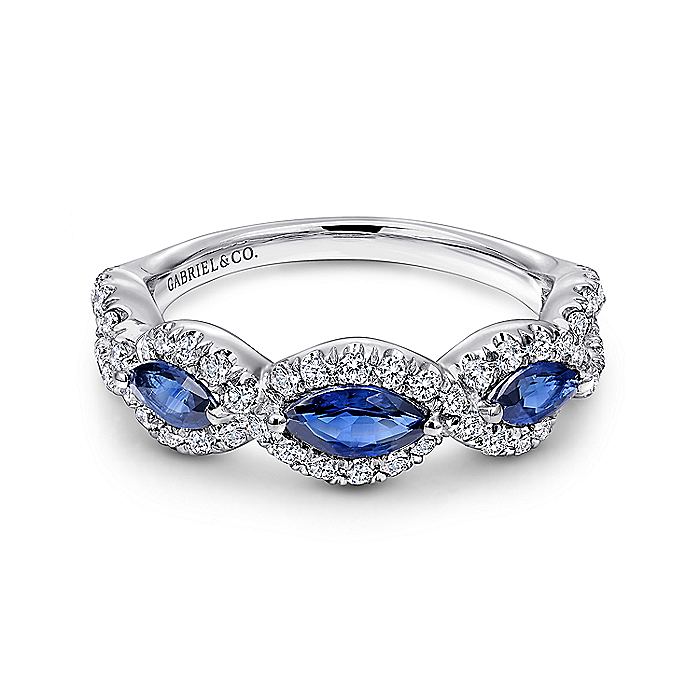 Gabriel & Co. LR50257W45SA 14K White Gold Twisted Diamond Rows and Sapphire Marquise Stones Ring