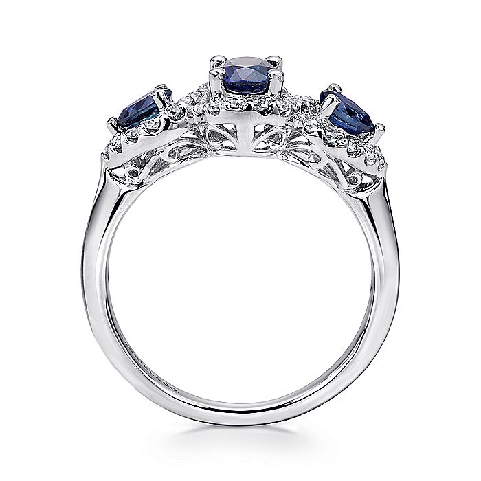 Gabriel & Co. LR50333W45SA 14k White Gold 3 Stone Sapphire and Pavé Diamond Halo Ring