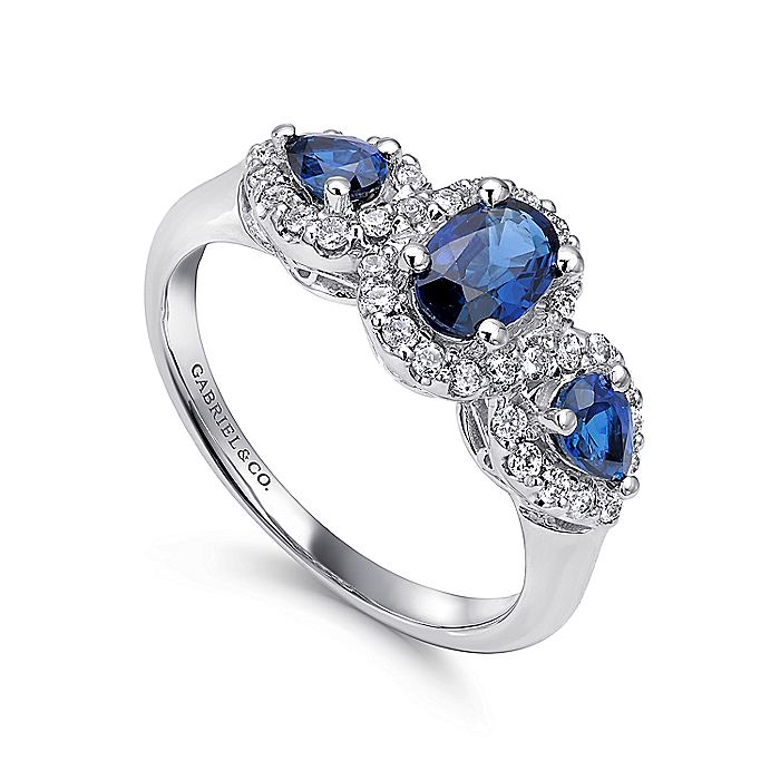 Gabriel & Co. LR50333W45SA 14k White Gold 3 Stone Sapphire and Pavé Diamond Halo Ring