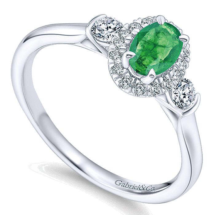 Gabriel & Co. LR51070W44EA 14K White Gold Oval Emerald and Diamond Halo Three Stone Ring