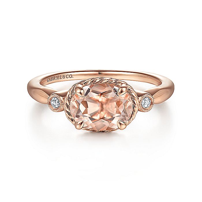 Gabriel & Co. LR51435K45MO 14K Rose Gold Horizontal Oval Morganite and Diamond Three Stone Ring