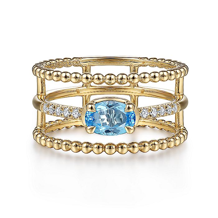 Gabriel & Co. LR51458Y45BT 14K Yellow Gold Oval Swiss Blue Topaz and Diamond Three Row Ring