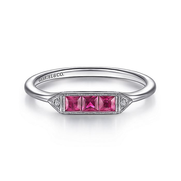 Gabriel & Co. LR51464W45RA 14K White Gold Diamond and Trio Princess Cut Ruby Ladies Ring