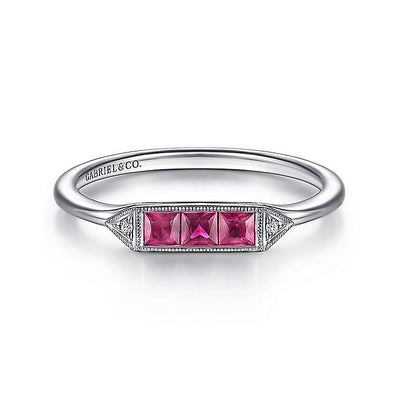 Gabriel & Co. LR51464W45RA 14K White Gold Diamond and Trio Princess Cut Ruby Ladies Ring