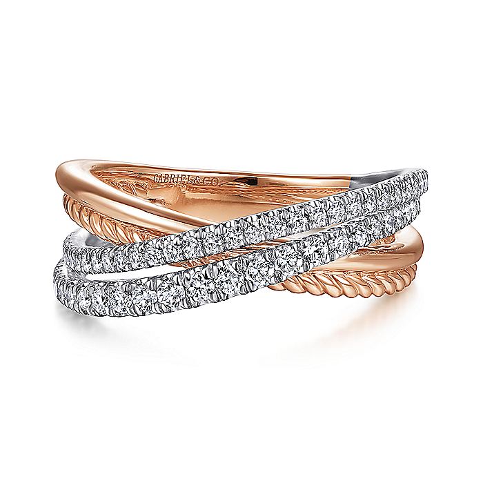 Gabriel & Co. LR51526T45JJ 14K White-Rose Gold Twisted Rope and Diamond Criss Cross Ring