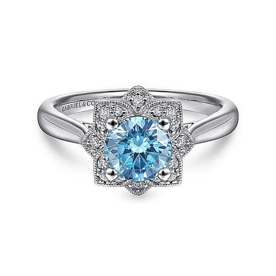 Gabriel & Co. LR51531W45BT Vintage Inspired 14K White Gold Round Blue Topaz and Floral Diamond Halo Ring