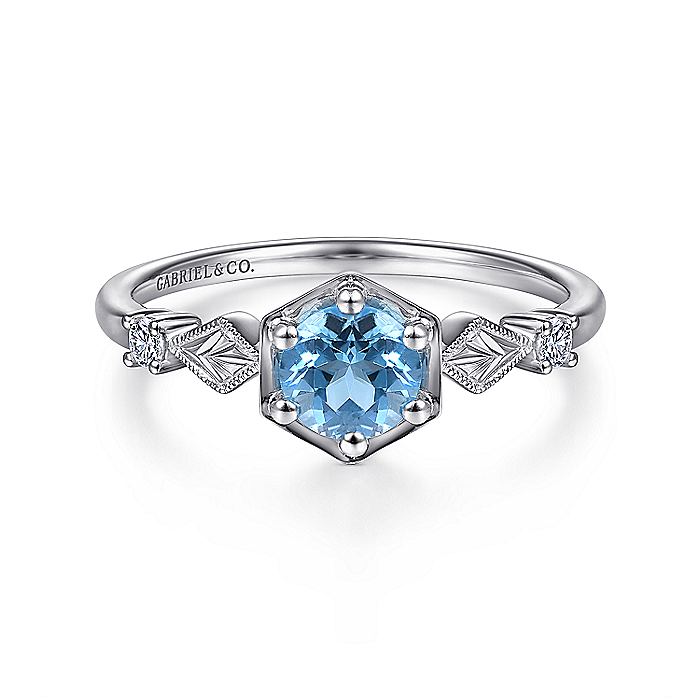 Gabriel & Co. LR51601W45BT 14K White Gold Hexagonal Blue Topaz Diamond Ring